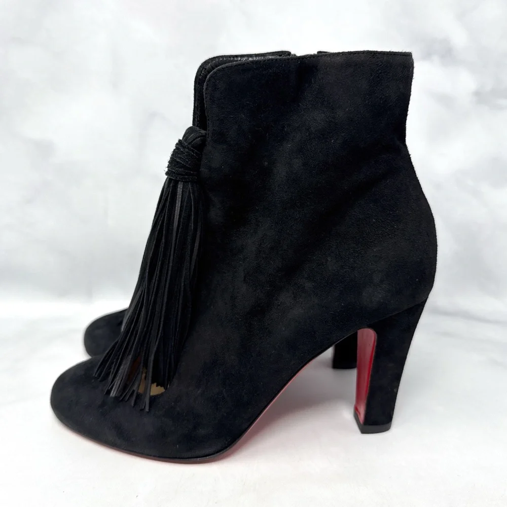Christian Louboutin Christina 85 Tassel Suede Block Heel Ankle Boots Black 35